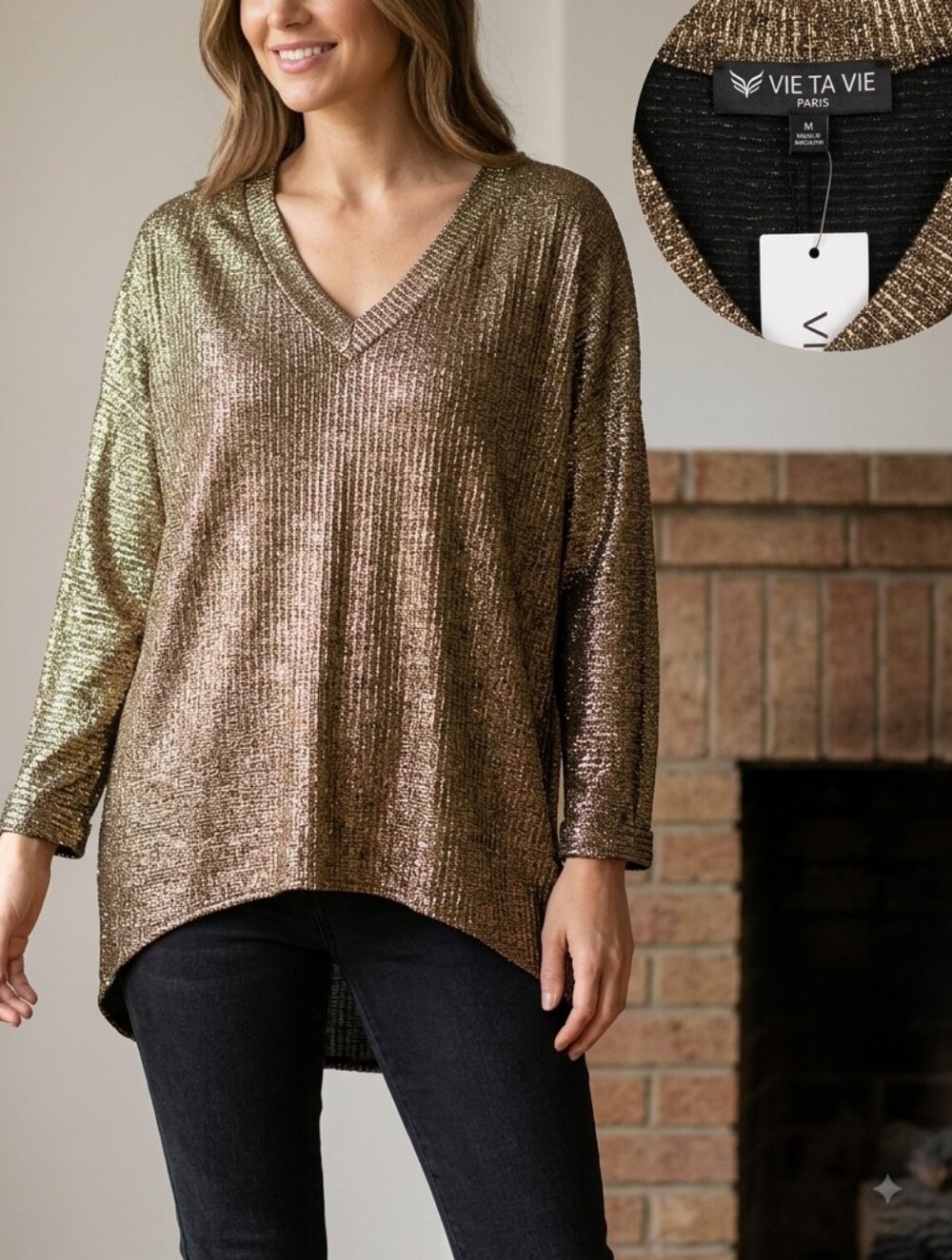 VIE TA VIE PARIS Metallic Gold Plissé Disco Tunic Top | V-Neck High-Low Blouse